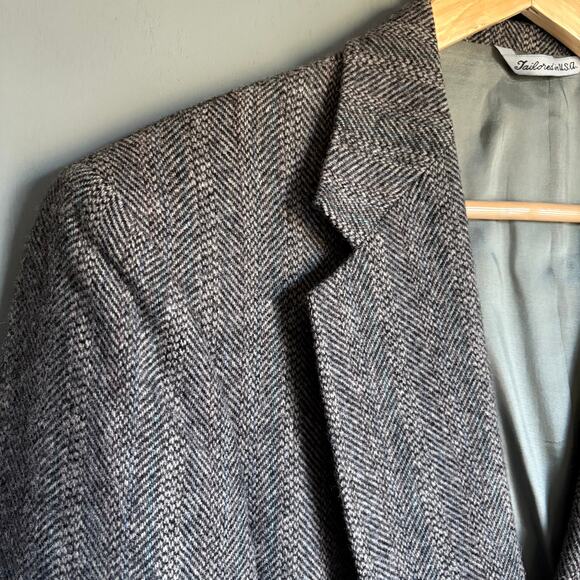 Vintage MAN IN WOOL Men's 44S Grey 100% Wool Tweed Herringbone Blazer Classic - Picture 2 of 13